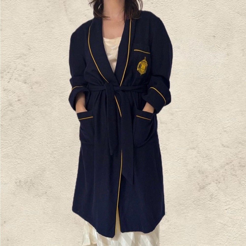 Vintage US Naval Academy Wool Robe Navy Blue Belted Crest Ralph Lauren Style L